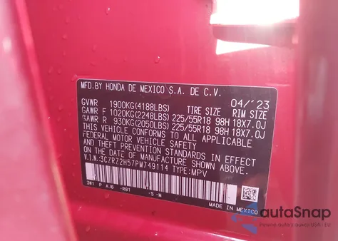 2023 Honda Hr-V Awd Sport из США, поврежденный, VIN 3CZRZ2H57PM749114